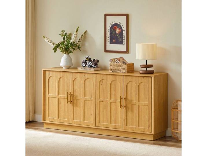 Buffet extra-large 169cm vitrine incurvée meuble TV avec rangement couleur naturelle pour salon 169x40x80 cm