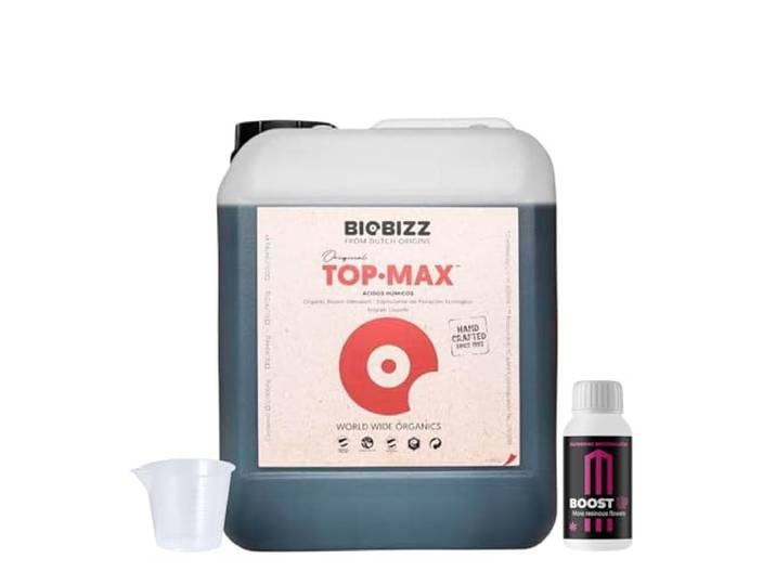 GROWMANIA Top Max von BioBizz 10L + Probe Boost Up von Up Nutrients + Messbecher Blütendünger für die Landwirtschaft im großen Maßstab Verstärkt Blüte und Fruchtbildung