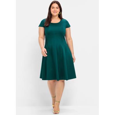 Cocktailkleid SHEEGO "Cocktailkleid", Damen, Gr. 48, Normalgrößen, grün (tiefgrün), 97% Baumwolle, 3% Elasthan, unifarben, knielang, Rundhals, Kleider