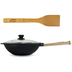 Wok Bratpfanne Ø24 cm 2,2 L aus Gusseisen mit Holzgriff Glasdeckel Asia Wokpfanne Induktion Pfannenwender