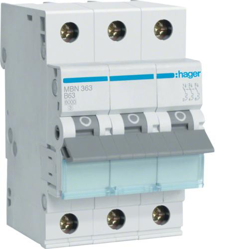 Hager stroomonderbreker MBN363, 3-polig, 6kA, B-karakteristiek, 63A
