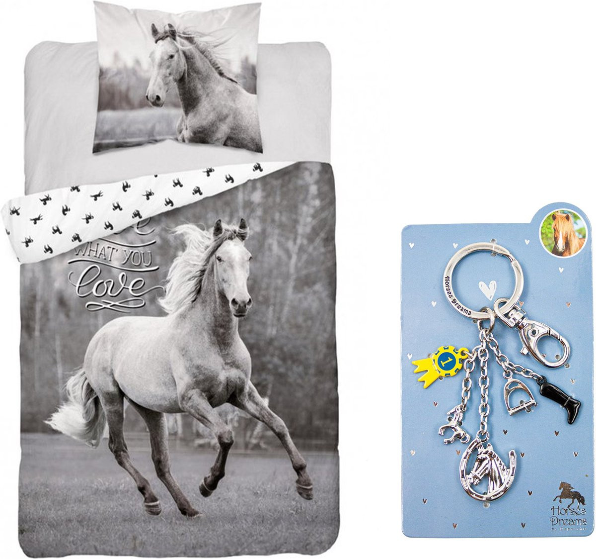 Carbotex Dekbedovertrek Love what you love - 100% katoen - zwart/wit - 140 x 200 cm - inclusief metalen paarden sleutelhanger
