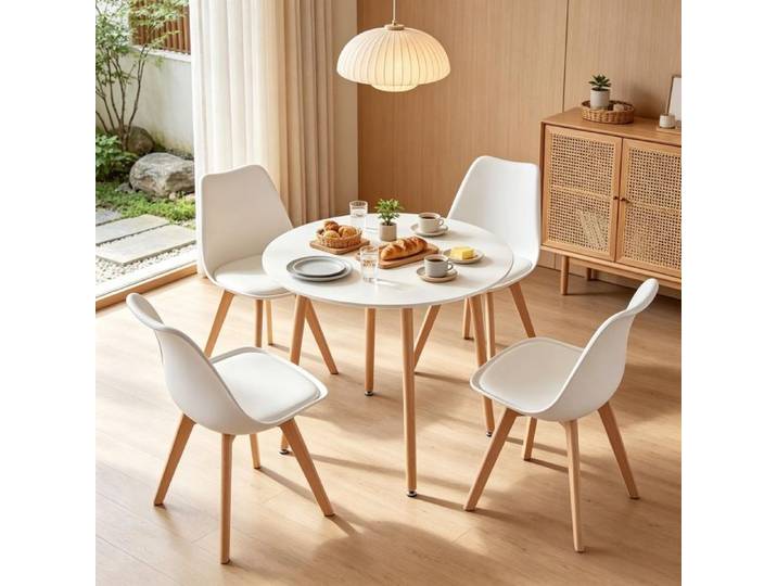 Élégant Ensemble De Salle à Manger Rond : Table Ronde Avec Quatre Chaises Blanches Assorties