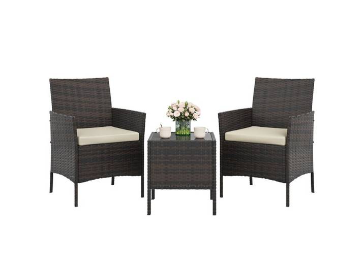 Ensemble salon bistro 3 pièces rotin PE mobilier compact extérieur table basse 2 fauteuils pour balcon terrasse Marron