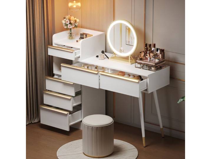Coiffeuse - LANGTU - Style moderne - 6 tiroirs - Plateau extensible - Miroir LED intensité variable