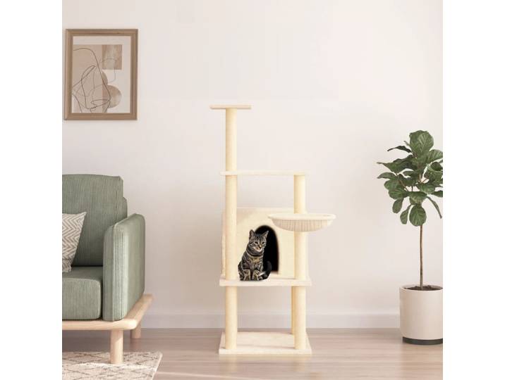 Arbre à chat avec poteaux à gratter en sisal crème, arbre à chat multi-niveaux de 132 cm avec poteau à gratter, maison pour chat, hamac, tapis