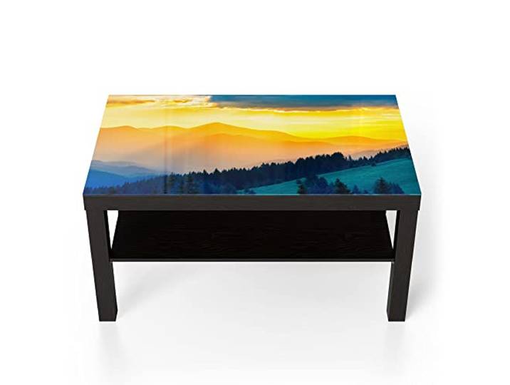 DEQORI Glastisch schwarz groß 90x50 cm Motiv Sonnenuntergang in Bergen ausgefallener Beistelltisch aus Glas Hochglanz Couchtisch fürs Wohnzimmer moderner Couch Tisch mit Design