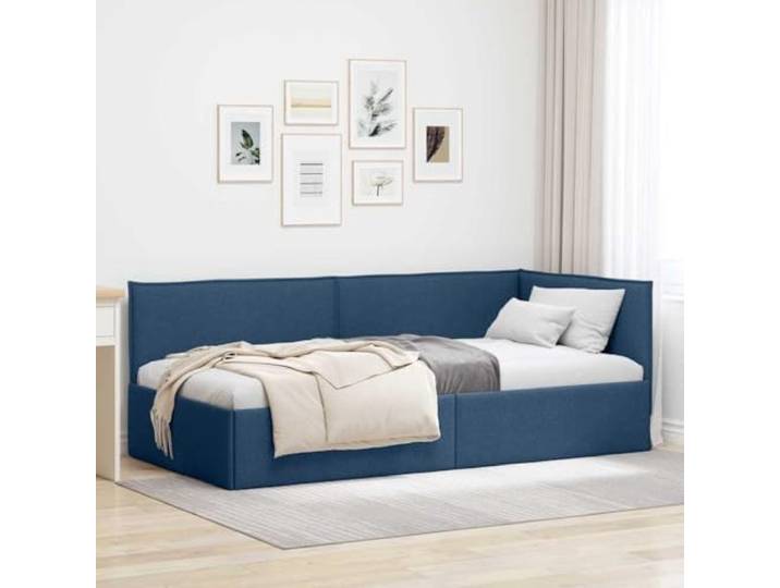 Stoff Eckrahmen L Design Atmungsaktiv Schlafzimmer Ecke Blau 100 x 200 cm Eckbettgestell mit Kopfteil Blau 100x200 cm Stoff Tagesbett L-Form Schlafsofa mit Lattenrost Platzsparend