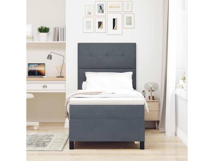 KTHLBRH Boxspringbett dunkelgrau 80 x 200 cm Samt Kopfteil verstellbar in 2 Höhen, aus technischem Holz und massiver Kiefer, mittlere Unterstützung, einfache Montage