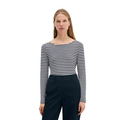 Langarmshirt MARC O'POLO, Damen, Gr. M, blau (marine, weiß, gestreift), Jersey, Obermaterial: 100% Baumwolle, gestreift, Basic, figurbetont hüftbedeckend, U-Boot-Ausschnitt, Shirts Langarmshirt, mit leichtem U-Boot-Ausschnitt