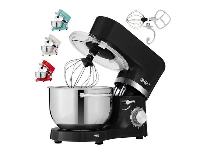 Arebos Küchenmaschine mit 2x Edelstahl-Rührschüsseln 4,5 & 5,5L, 1500 W, 5,50 l Schüssel, Küchenmixer mit Rührhaken, Knethaken, Schlagbesen und Spritzschutz