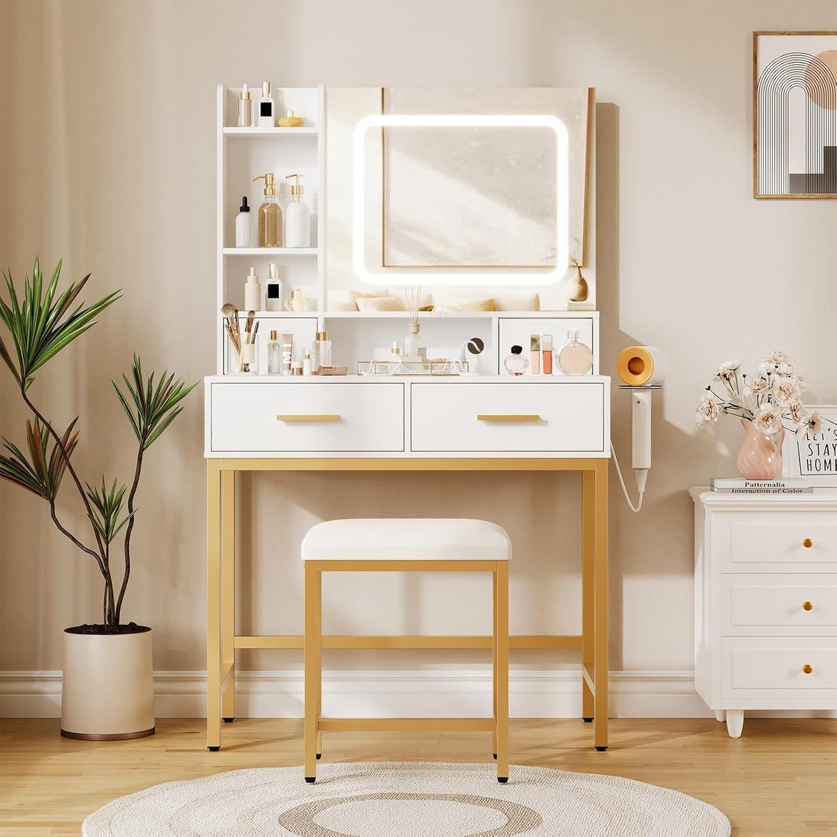 Danky Kaptafel met LED Spiegel, Krukje en Ingebouwd Stopcontact - Wit en Goud - Breedte: 80 cm