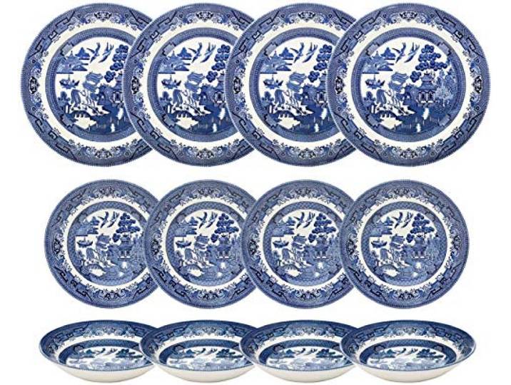 Churchill Blue Willow Teller Salatteller und Coupe Schalen 12 teiliges Geschirr-Set 12 Stück Set