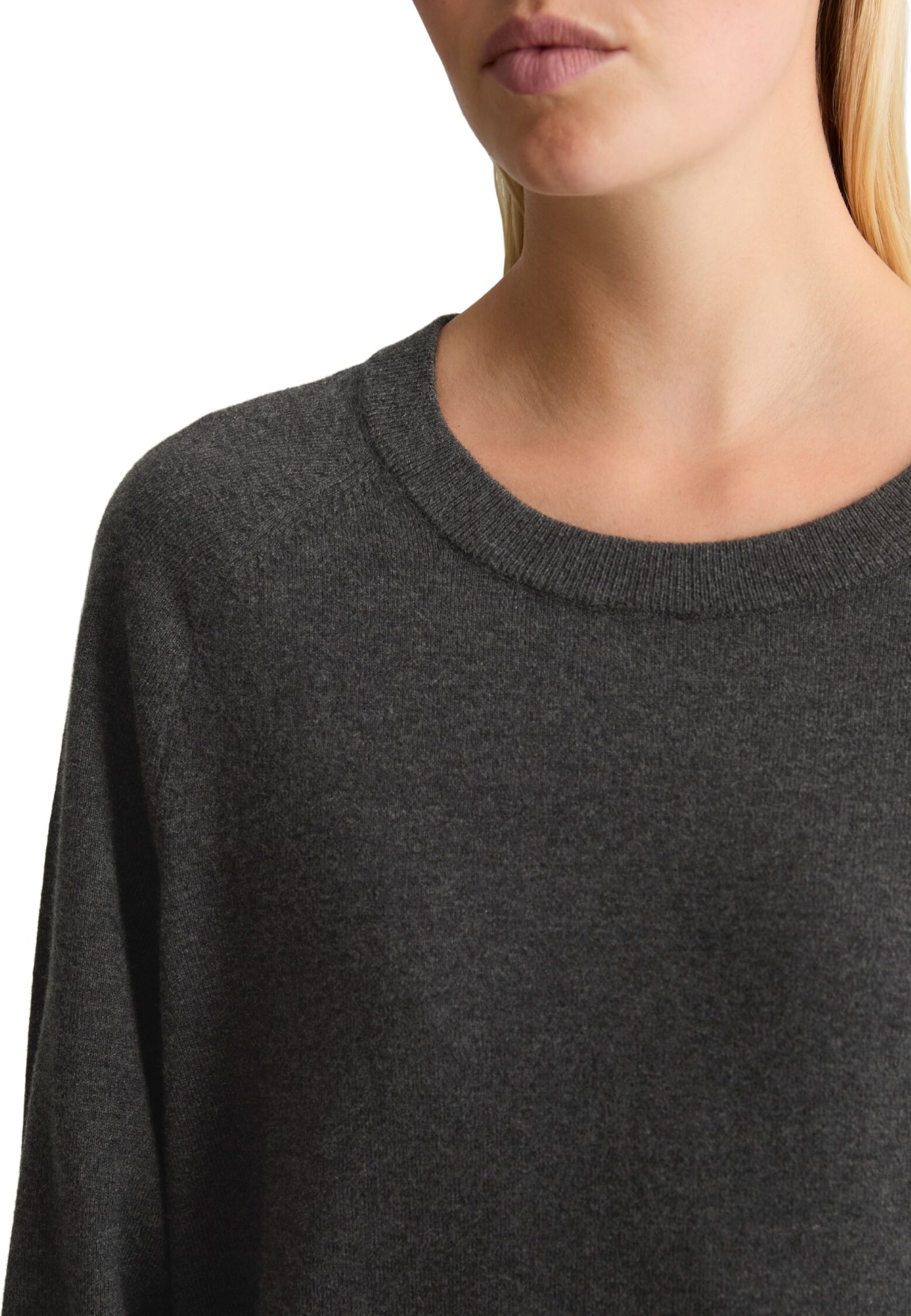 Marc O' Polo Rundhalspullover MARC O'POLO DENIM, Damen, Gr. S, grau (anthra melange), Strick, Obermaterial: 58% Baumwolle, 25% Polyamid, 17% Polyester, regular fit, Rundhals, Rippstrickbündchen, Pullover Rundhalspullover, regular fit, Strick, aus Soft Cot