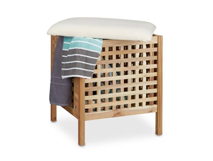 Relaxdays Badhocker Walnuss mit Wäschesammler