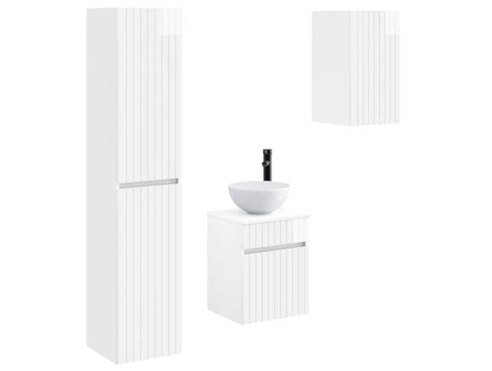 Badezimmermöbel-Set, 3-teilig, weiß glänzend, Waschtisch mit Spiegel Wandmontiertes Design, verstellbare Einlegeböden, reversible Tür, Verwendung im Innenbereich, einfache Montage