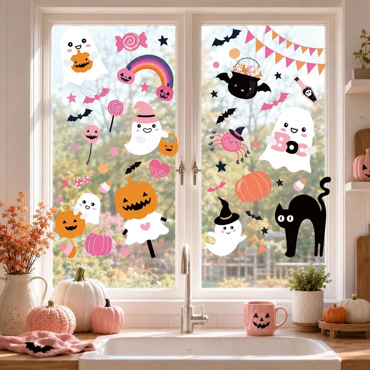 9 Stuks Halloween Raamstickers Roze en Zwart Zelfklevend en Herbruikbaar