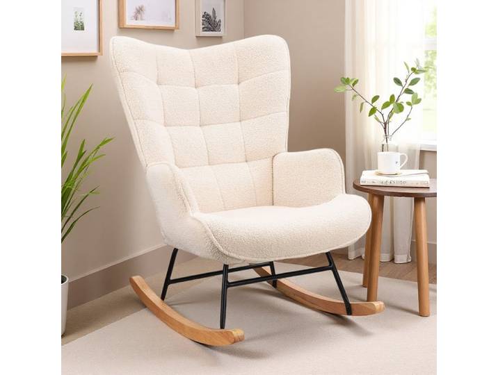 Fauteuil à bascule rocking chair avec accoudoirs chaise à bascule en tissu teddy rocking chair pieds en métal et en bois massif
