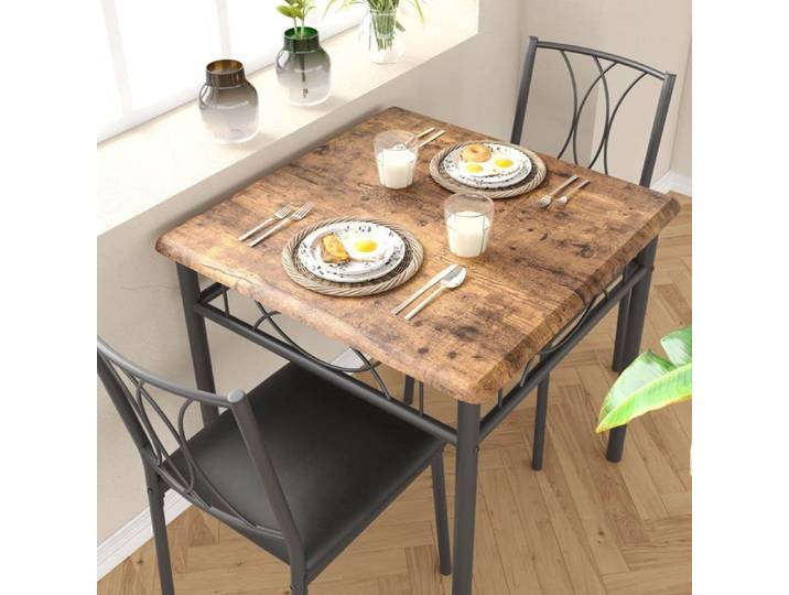 Ensemble table repas carré 2 personnes marron rétro 2 chaises rembourrées compact petit espace cuisine appartement