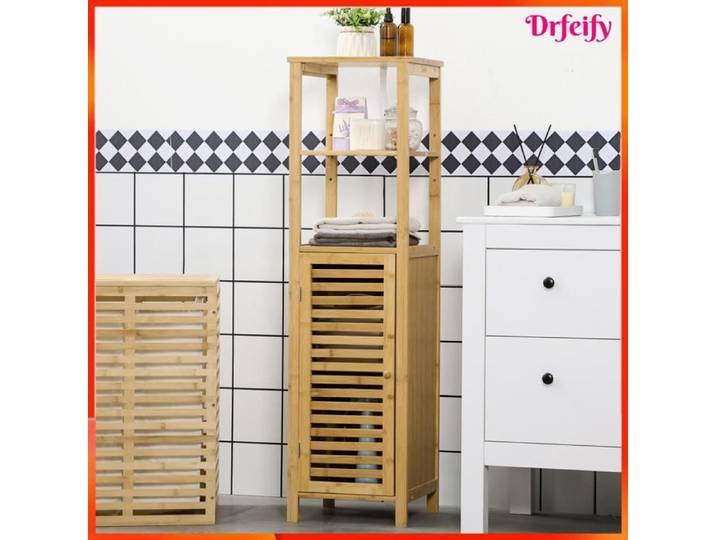 Meuble colonne salle de bain - AKOZON - 11744 - Bambou naturel - 2 étagères & placard - Porte à persiennes ventilée