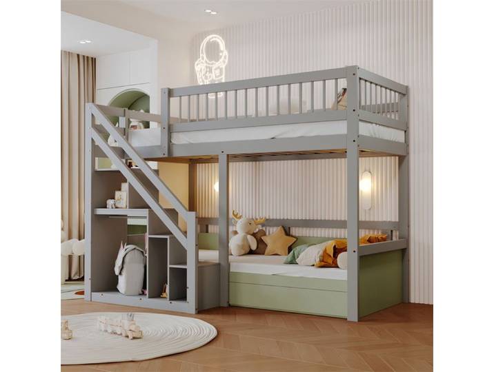 DRIPEX Lit superposé en bois 90×200cm lit mezzanine avec escalier de rangement devant armoire de rangement Gris