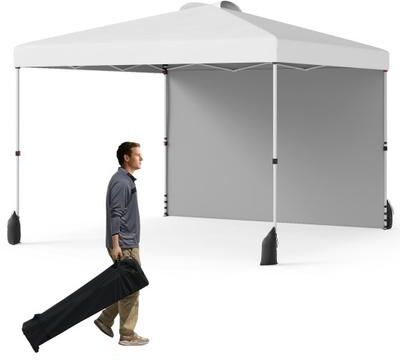 Costway 10 X 10 FT Pop up Canopy Tent with 1 Sidewall and Wheeled Bag-White