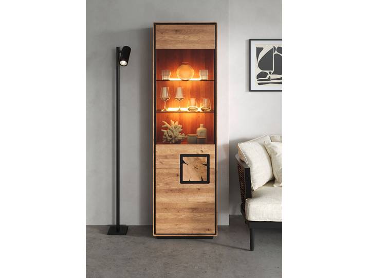Beleuchtete Standvitrine Woodrow 60 x 203 x 40cm Türanschlag links Holz/Braun