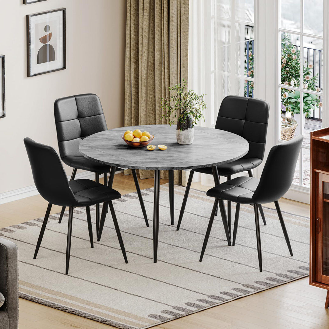 George Oliver Dining Table And Chairs Set Of 4, Extendable Round Marble Effect Folding Table With Upholstered Tech Fabric Chairs For Dining Room,Kitchen Brown/White 4