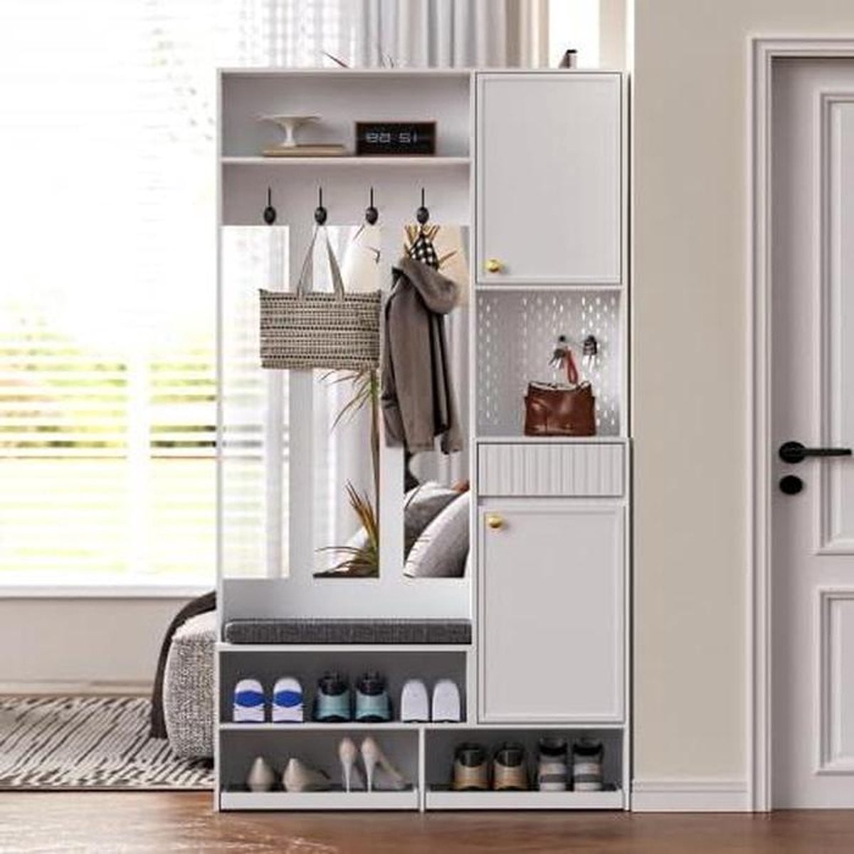 Multifunctionele 6-in-1 Garderobe Set Halmeubel met Lades - Wit - Breedte: 100 cm