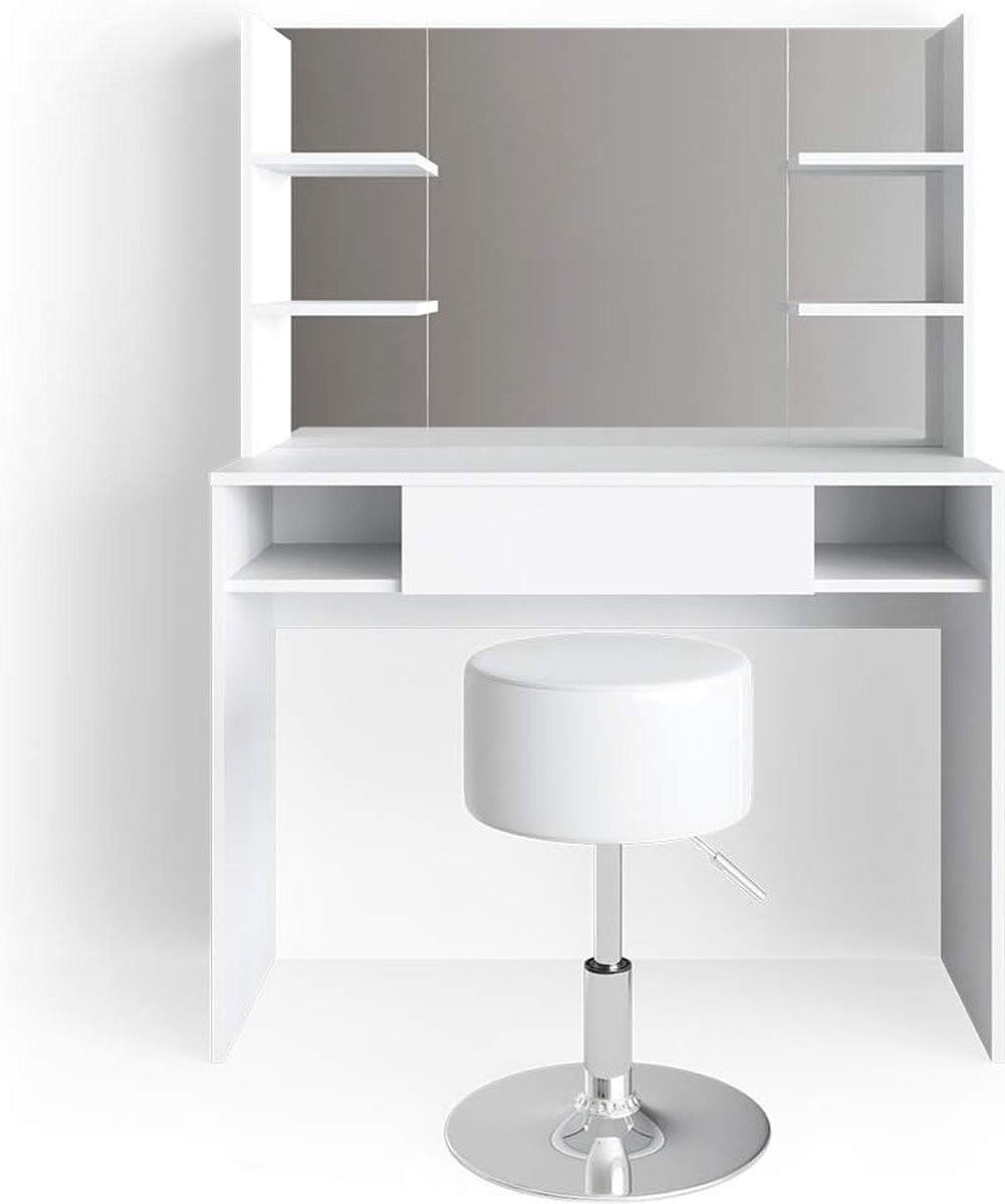 Moderne witte kaptafel met spiegel en krukje, Breedte: 100 cm