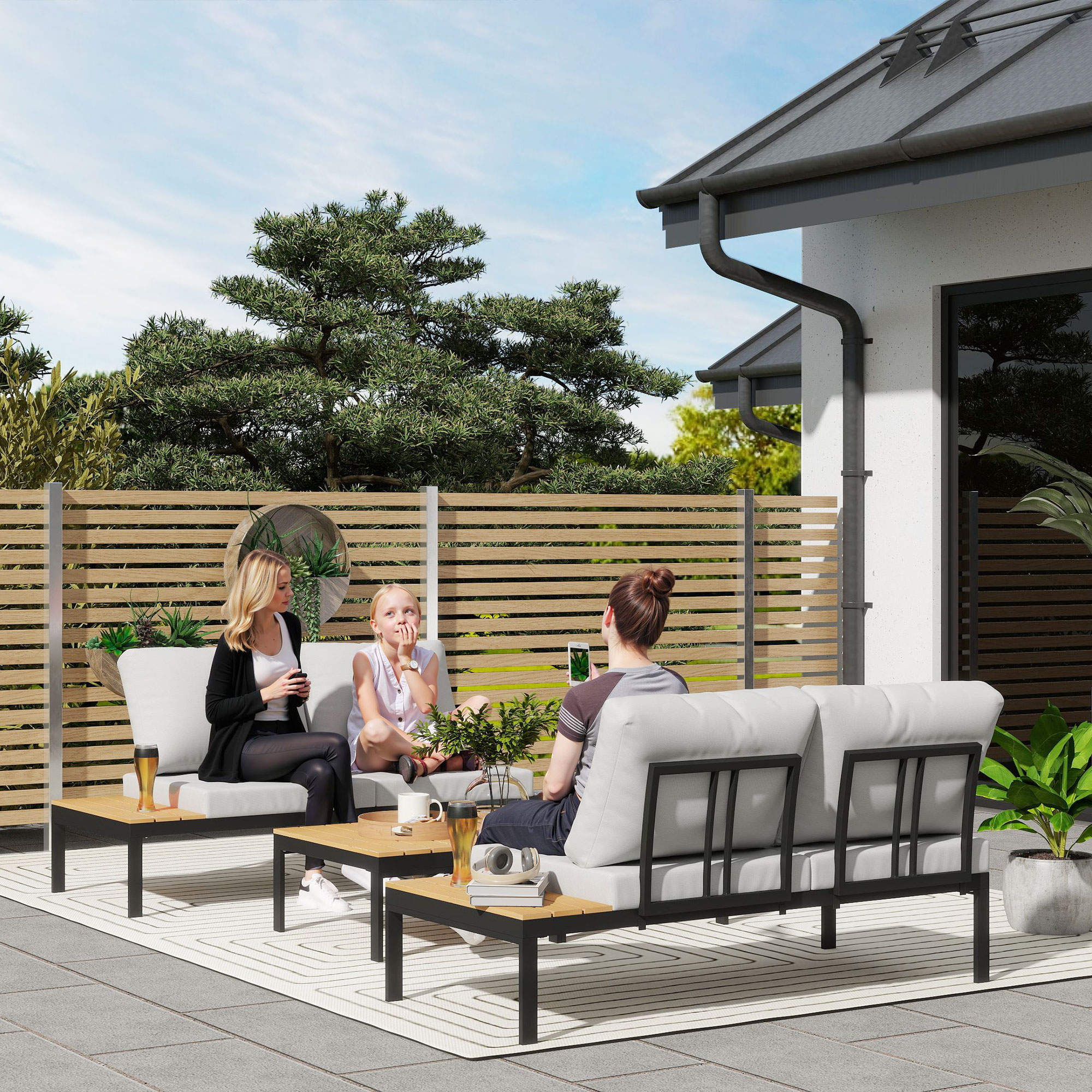 Outsunny Set da Giardino 4 Pezzi con 2 Divanetti 2 Posti e 2 Tavolini in Metallo e Legno Composito, Grigio Nero e Teak