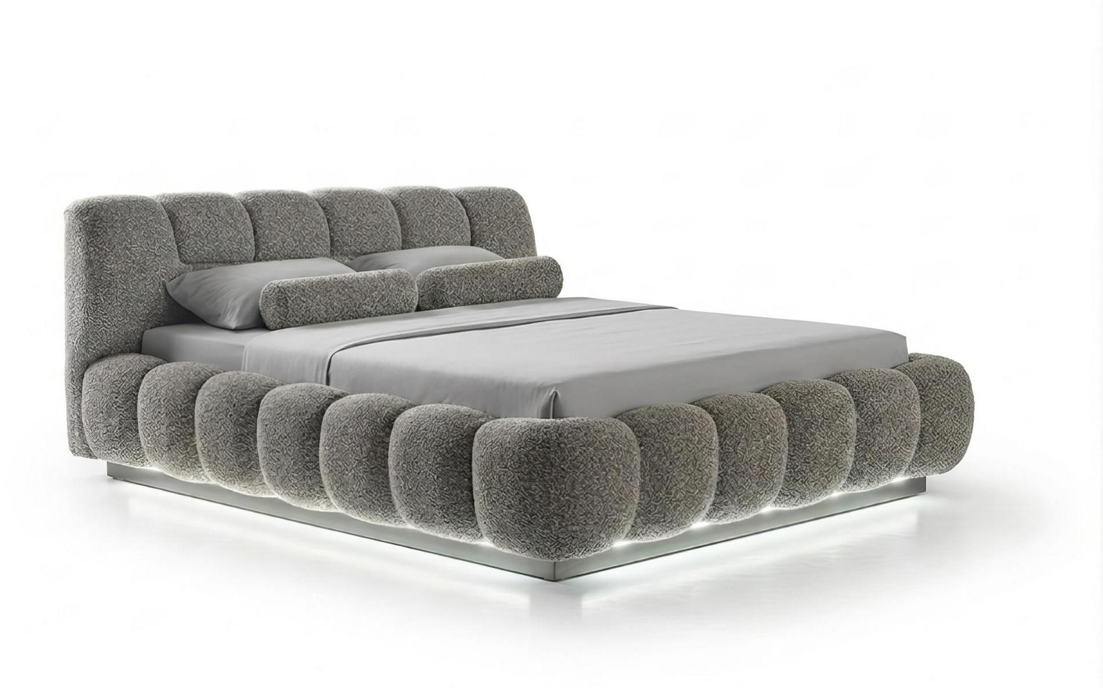 Modern tweepersoonsbed met luxe boucle stof en LED-verlichting, grijs, 160 x 200 cm