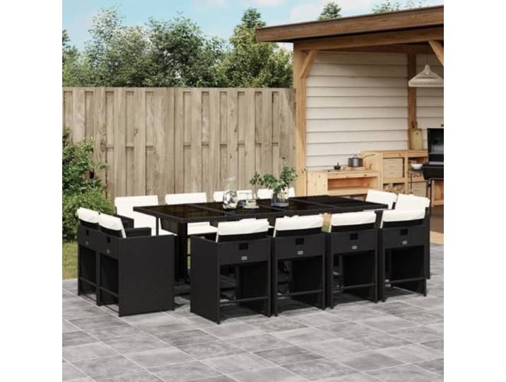 KTHLBRH Gartenmöbel-Set, 13-teilig, mit Kissen, schwarz Robustes Polyrattan, Glastisch, Klappstühle, 110 kg pro Sitzfläche