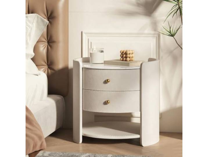 Beistelltisch aus Massivholz Runder Nachttisch Metallgriffe Mit Schublade Offene Ablage Dekorativer Nachttisch Für Schlafzimmer und Wohnzimmer(White)