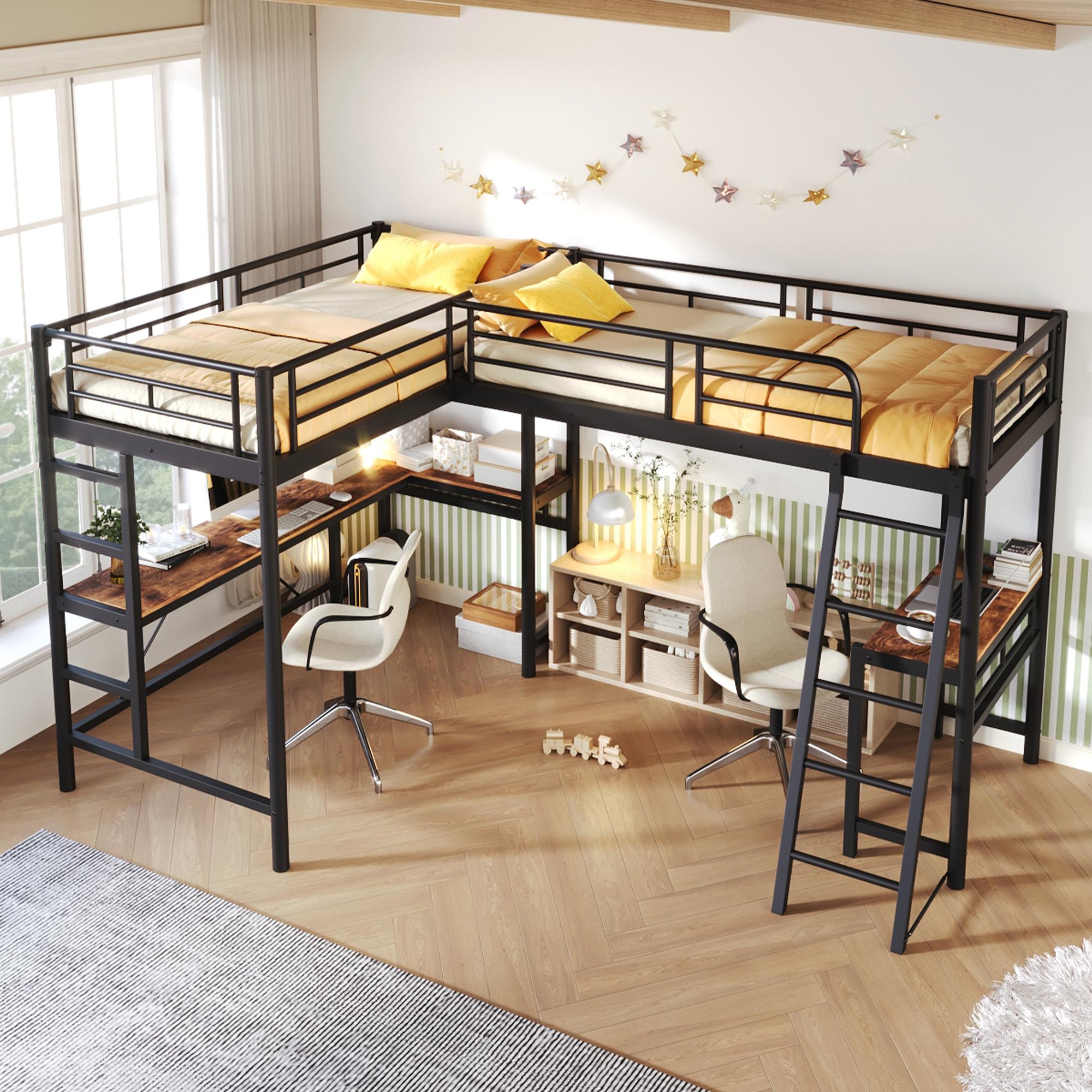 Flieks Etagenbett 90x200cm mit Lattenrost, Hochbett mit Schreibtisch, Kinderbett mit Rausfallschutz, Metallbett Stockbett 2 Kinder, Schwarz