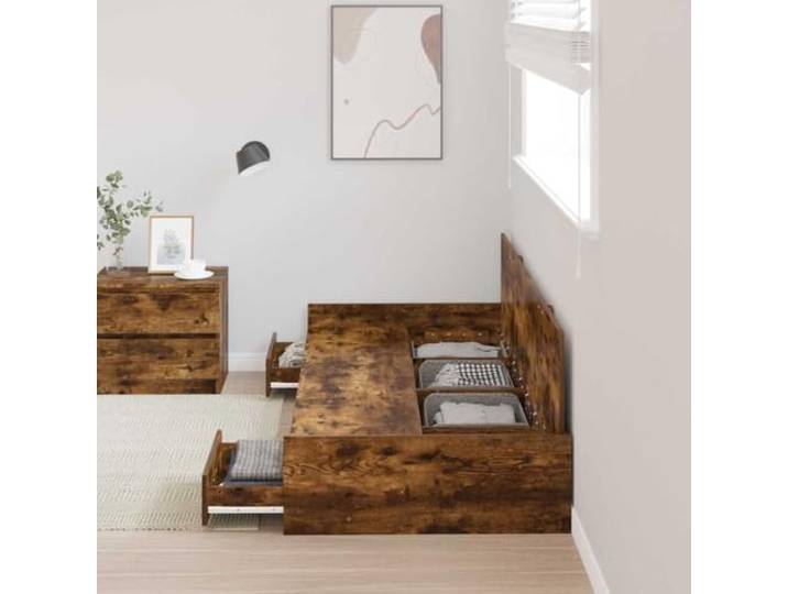 KTHLBRH Bettgestell Eiche Rauchgrau 75 x 190 cm aus mehrschichtigem Holz Kopfteil aus Holz, mit Schubladen und Türen – Montage erforderlich