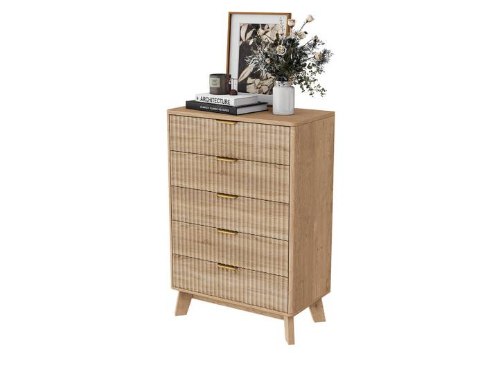 Shopentra Kommode 5 Schubladen Nussbaum, Goldgriffe, Kippschutz, Naturfarben, Holz, 40x108x73 cm, Kleinmöbel, Kommoden, Kommoden