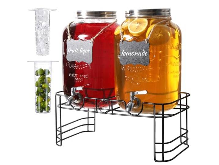 Getränkespender aus Glas für Partys, mit Ständer, 2 Stück Getränkespender mit 18/8 Edelstahl-Zapfhahn und Fruchteinsatz, ideal für Limonade, Saft, Hochzeiten, Picknicks und
