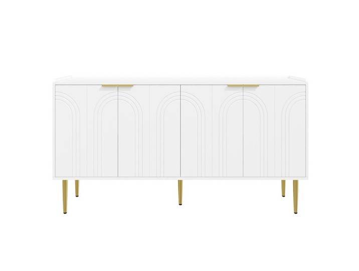 Buffet blanc moderne 4 portes avec pieds dorés design incurvé rangement salon meuble MDF 140x38x75 cm