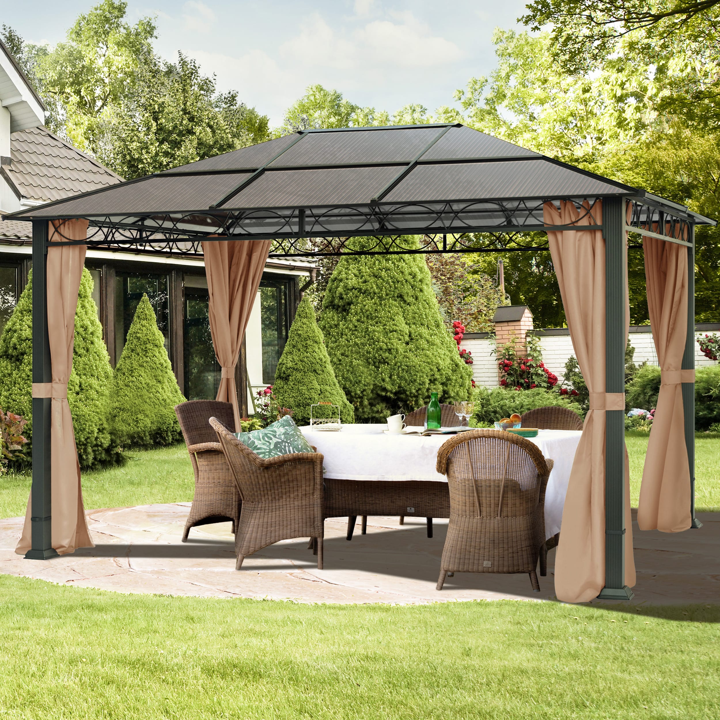 TOOLPORT 3x4 m Hardtop Gartenpavillon, inkl. 4 Seitenteile, cappuccino - (300118)