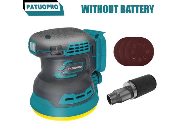 PATUOPRO Ponceuse orbitale aléatoire électrique sans balais 125 mm, polisseuse, machine à poncer, 3 vitesses pour batterie Makita 18V
