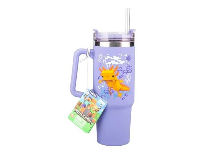 Paladone Gobelet isotherme et paille Minecraft Axolotl Violet\, 900 ml\, Tasse de voyage sous licence officielle Quencher avec poignée pour thé glacé ou café