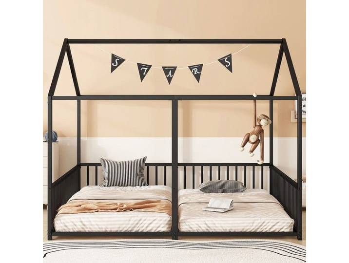 Lit superposé métal - Zephmum - 90x200 maison garde-corps échelle double fer noir