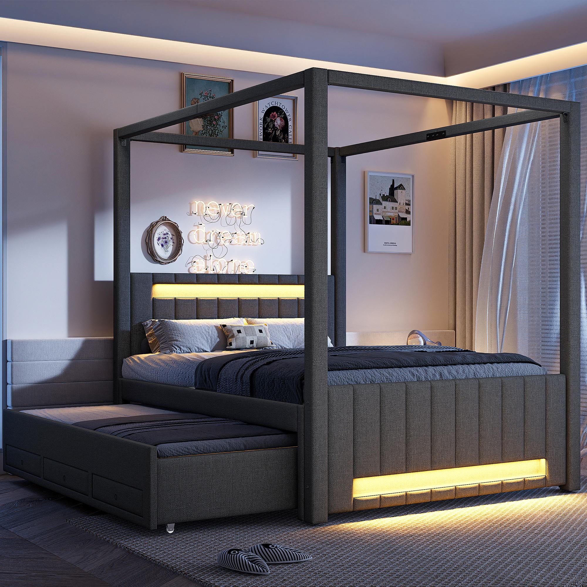 140x200 cm großes Polster-Himmelbett mit Ausziehbett und drei Schubladen, LED-Beleuchtung, Grau