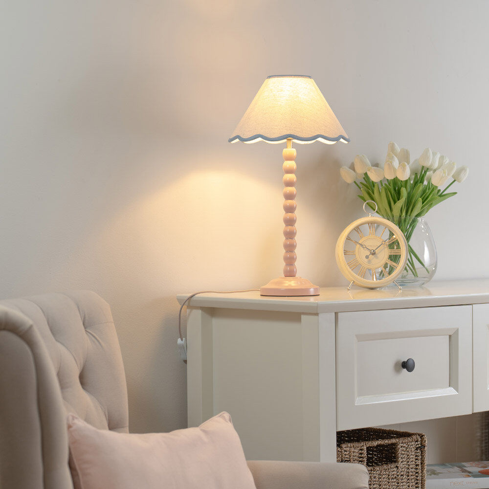World Menagerie Nephi Bobbins Painted Table Lamp with Tapered Natural Linen Trim Scallop Shade Natural Linen with Blue Trim/Pink 44cm H X 16.5cm W X 45.5cm D