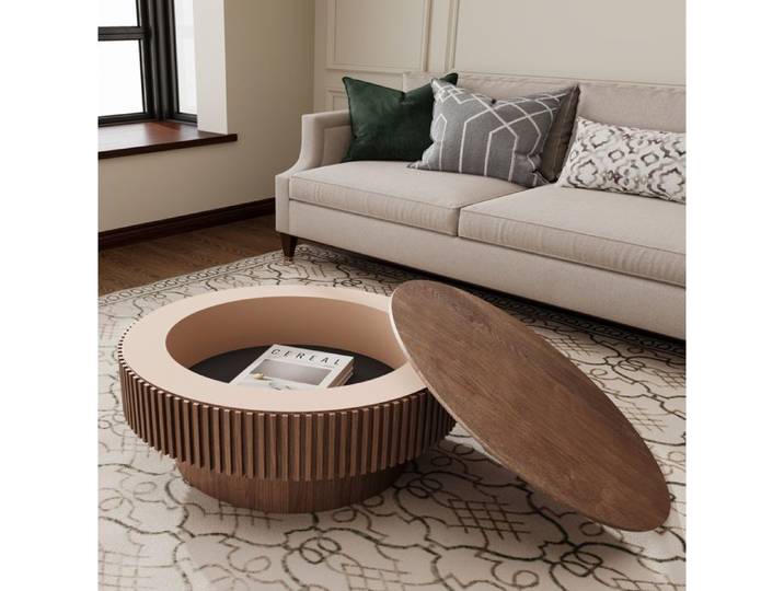 Table Basse Ronde Noyer Rangement Table De Salon Moderne FloraGrace Pour Salon Chambre Bureau Montage Simple 75x75x35cm