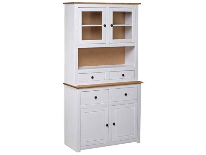 WXGTBKPR Massives Highboard aus Kiefernholz, Buffetschrank mit Schubladen, Türen und offenen Fächern für Wohnzimmer, Weiß