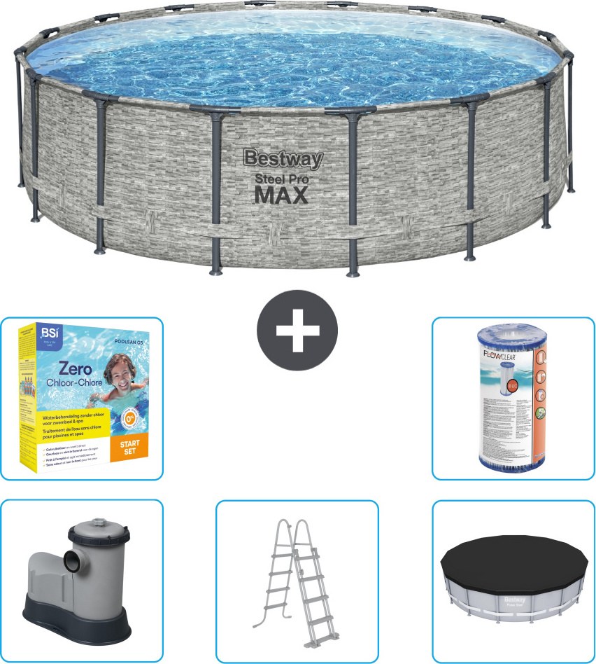 Bestway Round Steel Pro MAX Schwimmbad - Steindruck - 488 x 122 cm - inklusive Pumpe - Leiter - Abdeckung Wartungspaket - Filter