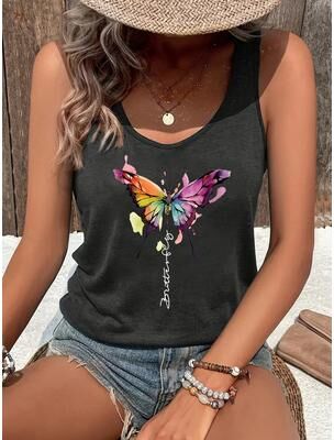 Universal Stock Butterfly Print Tank Top For Women Casual Summer Crew Neck Sleeveless Shirt xxl