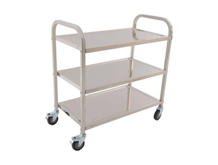 Edelstahl Servierwagen 3 Etagen Küchenwagen Rollwagen 85x45x90cm Silber Mobiles 3-stöckiges Edelstahl Servierwagen-Regal (85×45×90 cm) mit 75 kg Tragkraft, 4 Lenkrollen & 2 Feststellbremsen.